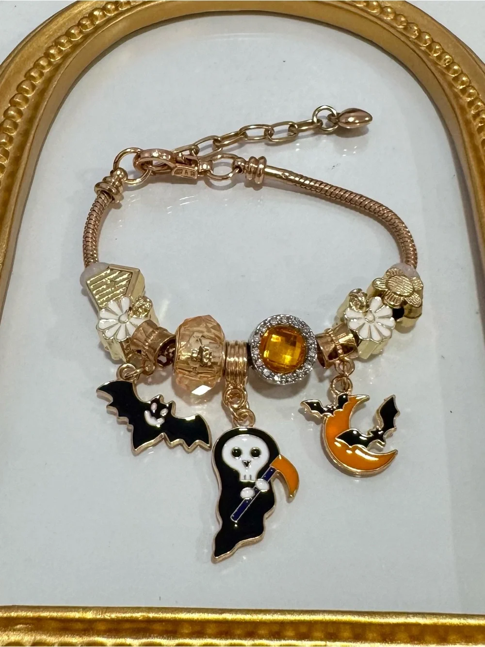 New Gold-Tone Halloween Charm Bracelet with Black & Orange Enamel Accents